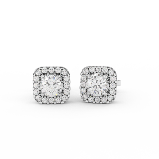 1.08 Cttw Round Cut Certified Natural Diamond Square Halo Stud Earrings | 14kt Gold