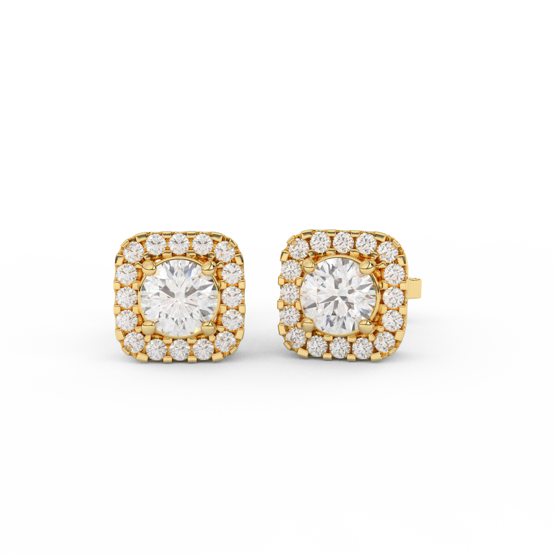 1.08 Cttw Round Cut Certified Natural Diamond Square Halo Stud Earrings | 14kt Gold