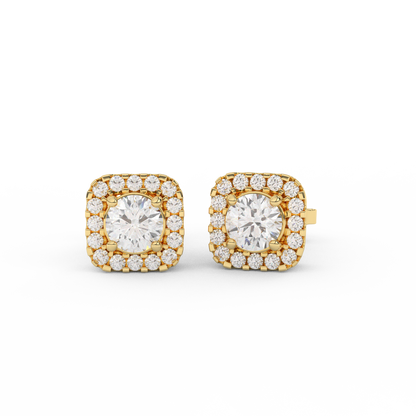 1.08 Cttw Round Cut Certified Natural Diamond Square Halo Stud Earrings | 14kt Gold